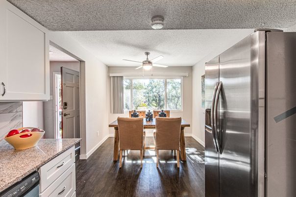 Dining room, Interior, Kitchen, Stainless Steel Appliances, Wood Texture Flooring