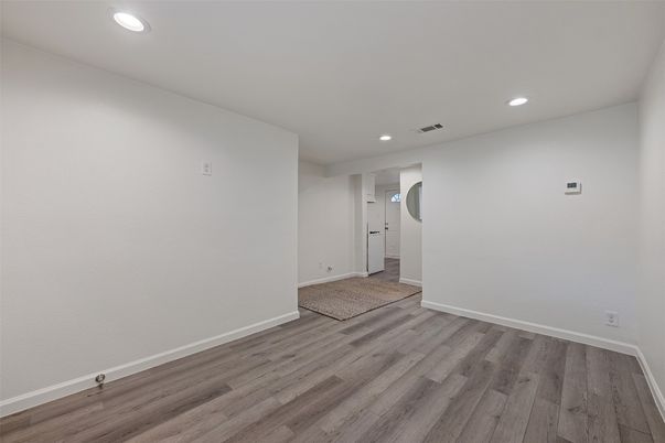 Empty room, Interior, Recessed Lighting, Wood Texture Flooring