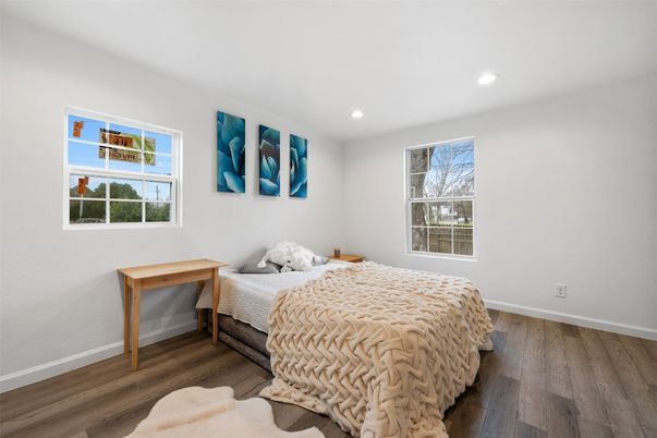 Bedroom, Interior, Recessed Lighting, Wood Texture Flooring