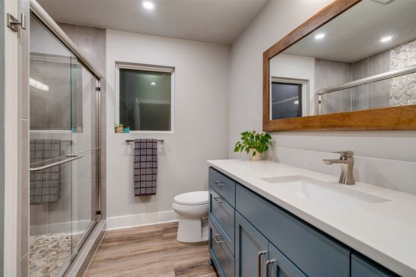 Bathroom, Glass Shower, Interior, Recessed Lighting, Wood Texture Flooring