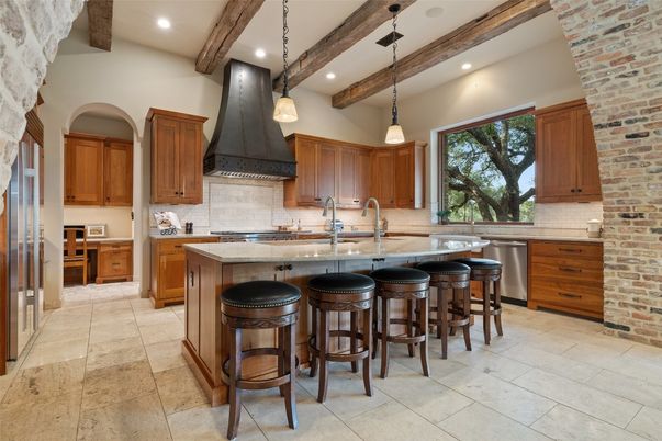 Interior, Kitchen, Pendant Lights, Recessed Lighting, Stainless Steel Appliances, Stone Walls, Wooden Beams