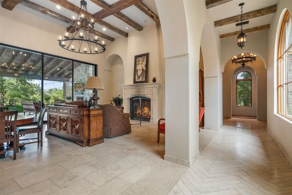 Chandelier, Fireplace, Interior, Pendant Lights, Recessed Lighting, Wooden Beams