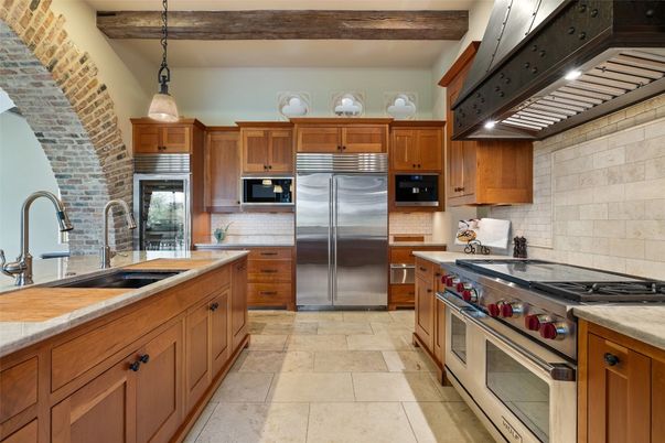 Interior, Kitchen, Pendant Lights, Stainless Steel Appliances, Stone Walls, Wooden Beams