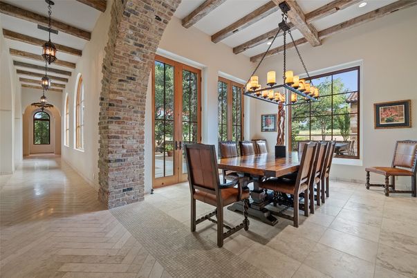 Chandelier, Dining room, Interior, Pendant Lights, Stone Walls, Wooden Beams