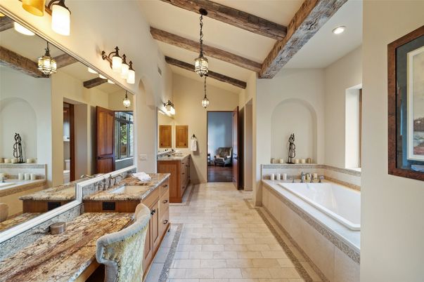 Bathroom, Interior, Pendant Lights, Recessed Lighting, Wooden Beams