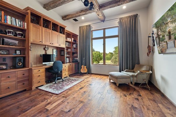 Home Office, Interior, Recessed Lighting, Wooden Beams, Wood Texture Flooring
