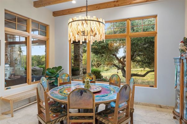 Chandelier, Dining room, Interior, Recessed Lighting, Wooden Beams