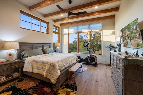 Bedroom, Fitness Equipment, Interior, Recessed Lighting, Wooden Beams, Wood Texture Flooring
