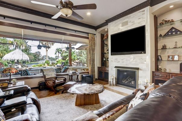 Fireplace, Interior, Living room, Recessed Lighting, Wood Texture Flooring