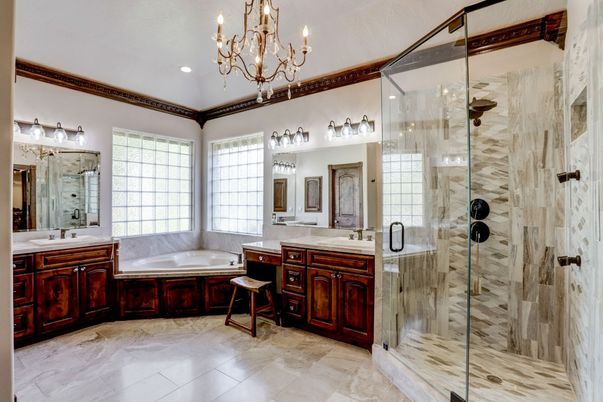 Bathroom, Chandelier, Dual Sink Vanities, Glass Shower, Interior, Recessed Lighting