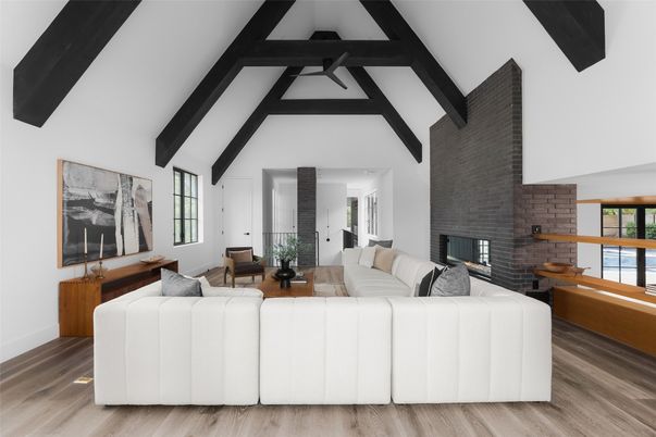 Fireplace, Interior, Living room, Stone Walls, Wooden Beams, Wood Texture Flooring