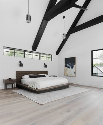 Bedroom, Interior, Pendant Lights, Wooden Beams, Wood Texture Flooring