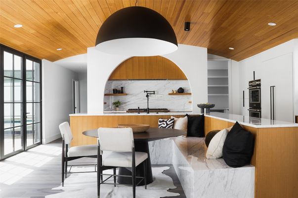Dining room, Interior, Kitchen, Recessed Lighting, Wooden Ceilings, Wood Texture Flooring