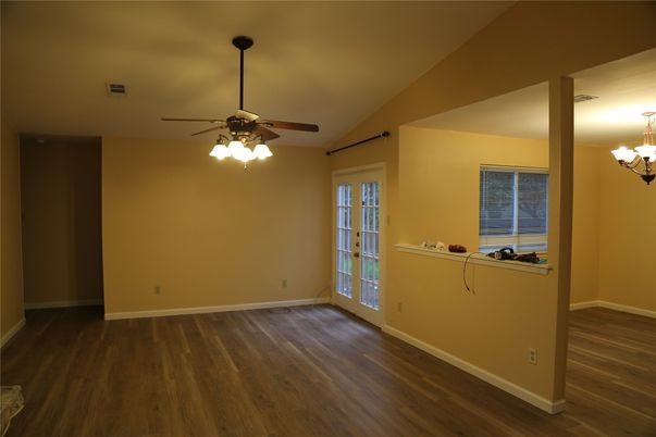Chandelier, Empty room, Interior, Wood Texture Flooring