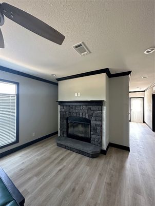 Empty room, Fireplace, Interior, Recessed Lighting, Wood Texture Flooring