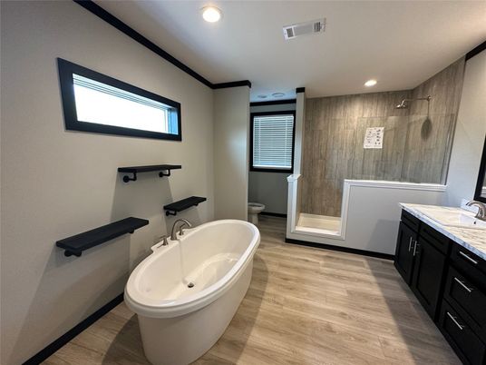 Bathroom, Free Standing Baths, Interior, Recessed Lighting, Wood Texture Flooring, Wooden Walls