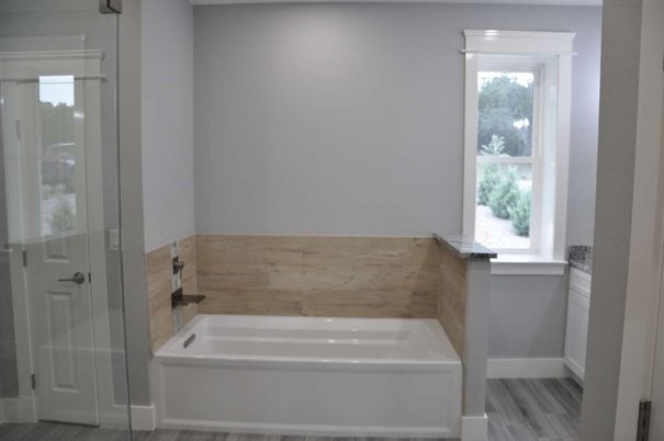 Bathroom, Glass Shower, Interior, Wood Texture Flooring