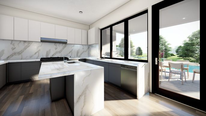 Interior, Kitchen, Marble Walls, Recessed Lighting, Wood Texture Flooring