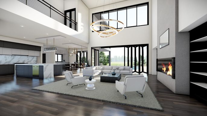 Fireplace, Interior, Living room, Marble Walls, Pendant Lights, Recessed Lighting, Wood Texture Flooring
