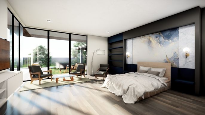 Bedroom, Interior, Recessed Lighting, Wood Texture Flooring