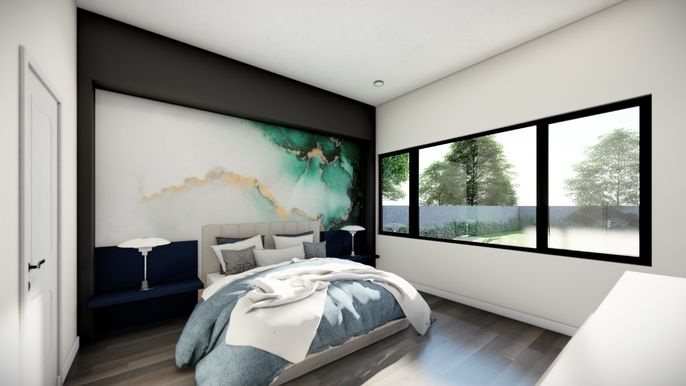 Bedroom, Interior, Recessed Lighting, Wood Texture Flooring