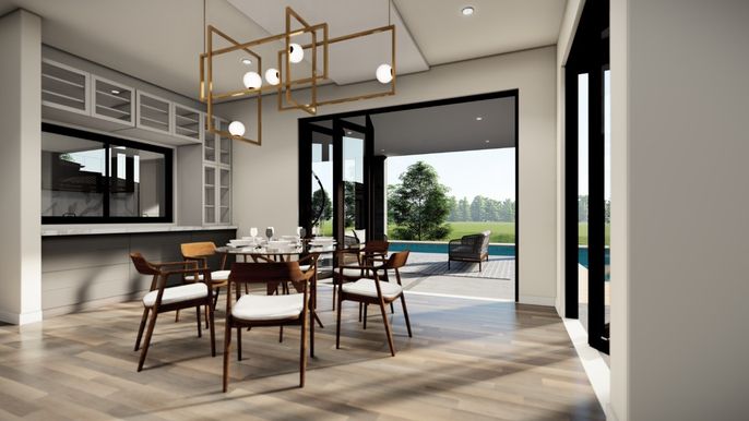 Dining room, Interior, Pendant Lights, Recessed Lighting, Wood Texture Flooring