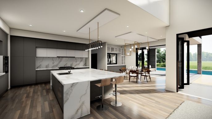 Dining room, Interior, Kitchen, Marble Walls, Pendant Lights, Recessed Lighting, Wood Texture Flooring