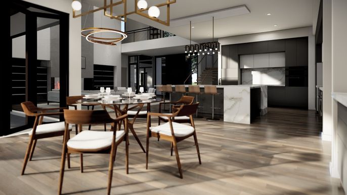 Dining room, Interior, Kitchen, Marble Walls, Pendant Lights, Recessed Lighting, Wood Texture Flooring