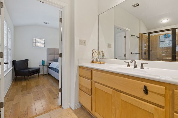 Bathroom, Bedroom, Glass Shower, Interior, Recessed Lighting, Wood Texture Flooring