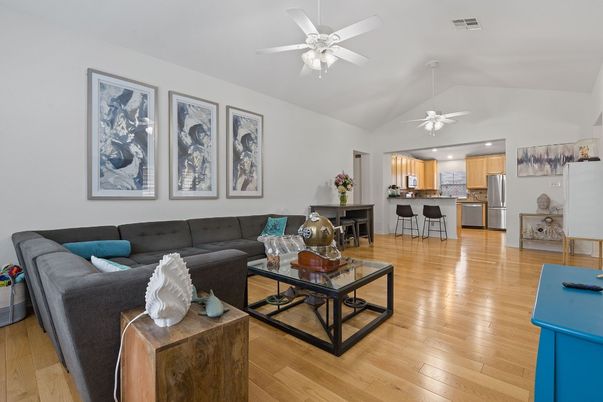 Interior, Kitchen, Living room, Recessed Lighting, Stainless Steel Appliances, Wood Texture Flooring