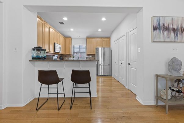 Interior, Kitchen, Recessed Lighting, Stainless Steel Appliances, Wood Texture Flooring