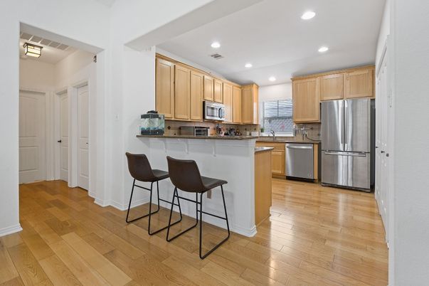 Interior, Kitchen, Recessed Lighting, Stainless Steel Appliances, Wood Texture Flooring