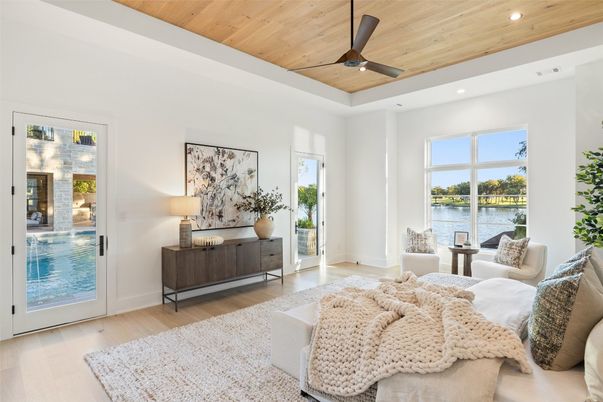 Interior, Living room, Recessed Lighting, Water, Wooden Ceilings, Wood Texture Flooring