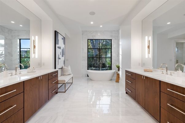 Bathroom, Dual Sink Vanities, Free Standing Baths, Interior, Marble, Marble Walls, Recessed Lighting