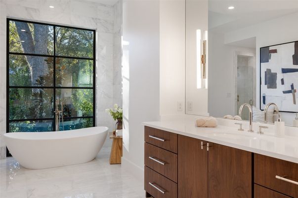 Bathroom, Dual Sink Vanities, Free Standing Baths, Interior, Marble, Marble Walls, Recessed Lighting