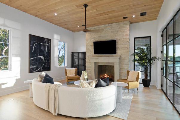 Fireplace, Interior, Living room, Recessed Lighting, Stone Walls, Wooden Ceilings, Wood Texture Flooring