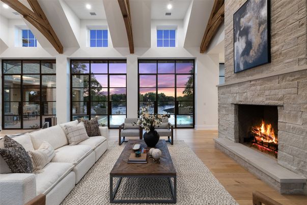 Fireplace, Interior, Living room, Recessed Lighting, Stone Walls, Wooden Beams, Wood Texture Flooring