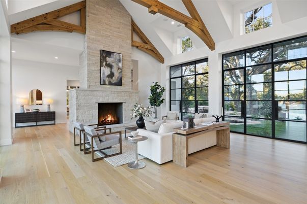 Fireplace, Interior, Living room, Recessed Lighting, Stone Walls, Wooden Beams, Wood Texture Flooring