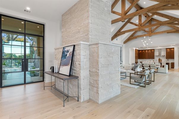 Fireplace, Interior, Living room, Pendant Lights, Recessed Lighting, Stone Walls, Wooden Beams, Wood Texture Flooring