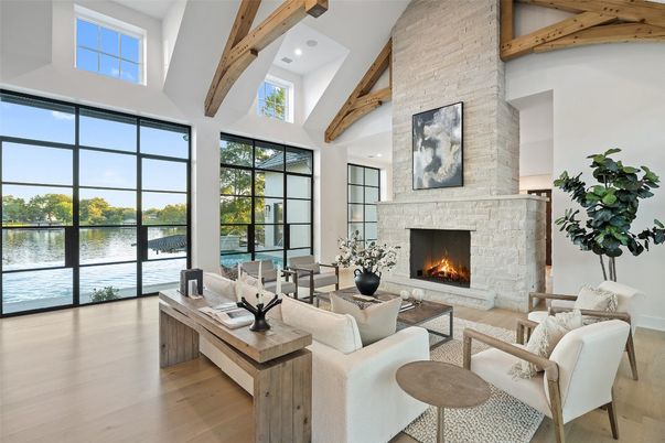 Fireplace, Interior, Living room, Recessed Lighting, Stone Walls, Water, Wooden Beams, Wood Texture Flooring