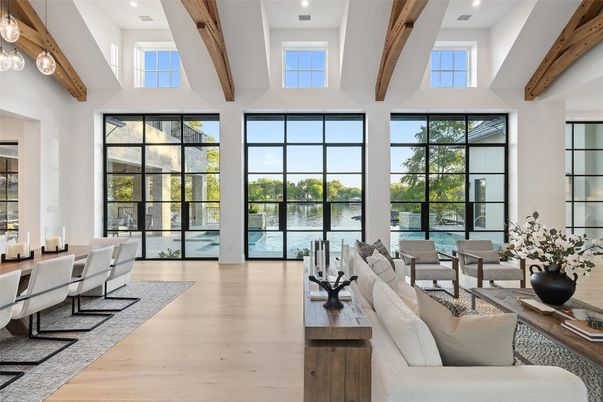 Interior, Living room, Pendant Lights, Recessed Lighting, Water, Wooden Beams, Wood Texture Flooring