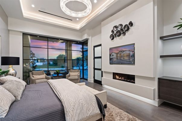 Bedroom, Fireplace, Interior, Pendant Lights, Recessed Lighting, Wood Texture Flooring