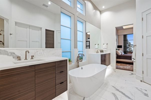 Bathroom, Bedroom, Dual Sink Vanities, Free Standing Baths, Interior, Marble, Recessed Lighting