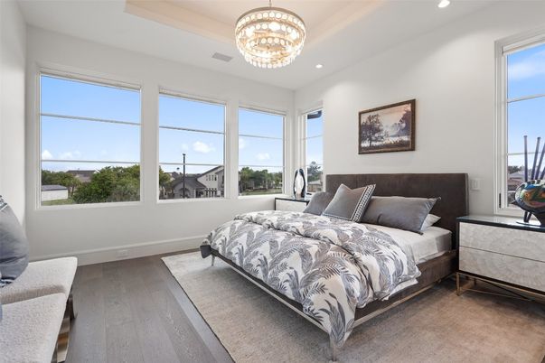 Bedroom, Chandelier, Interior, Recessed Lighting, Wood Texture Flooring