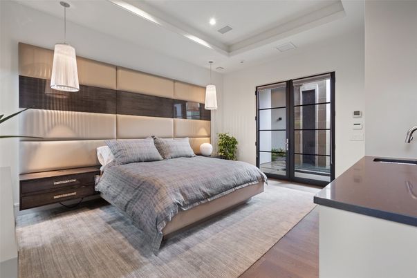 Bedroom, Interior, Pendant Lights, Recessed Lighting, Wood Texture Flooring