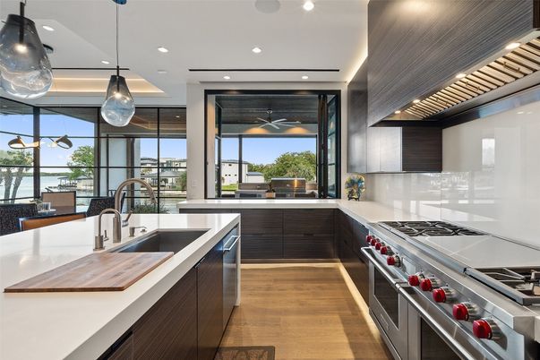 Interior, Kitchen, Pendant Lights, Recessed Lighting, Stainless Steel Appliances, Wood Texture Flooring