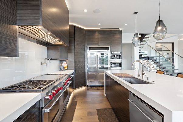 Interior, Kitchen, Pendant Lights, Recessed Lighting, Stainless Steel Appliances, Wood Texture Flooring