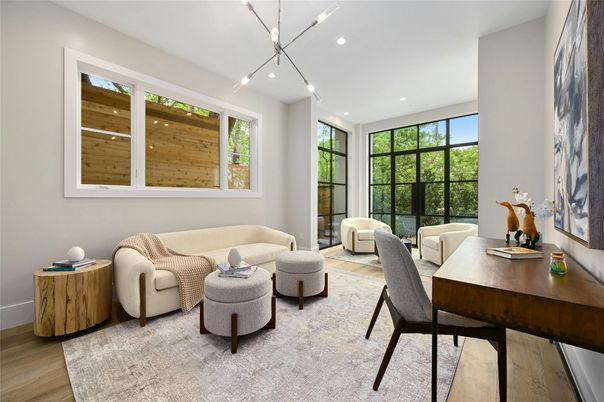 Home Office, Interior, Pendant Lights, Recessed Lighting, Wood Texture Flooring