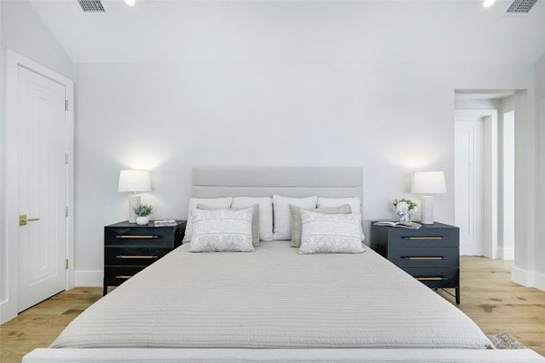 Bedroom, Interior, Recessed Lighting, Wood Texture Flooring