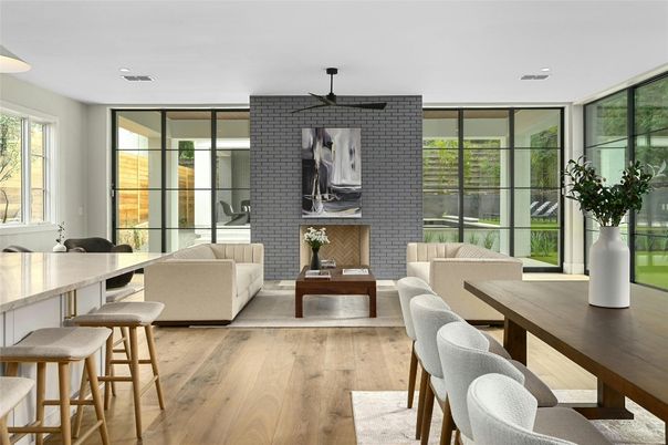 Dining room, Interior, Living room, Recessed Lighting, Stone Walls, Wood Texture Flooring